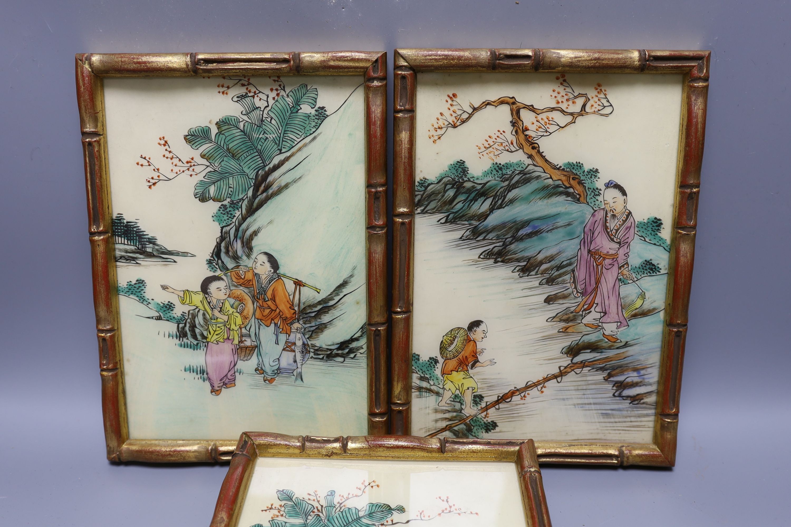 A group of three Chinese paintings, bamboo effect frames 23x16cm